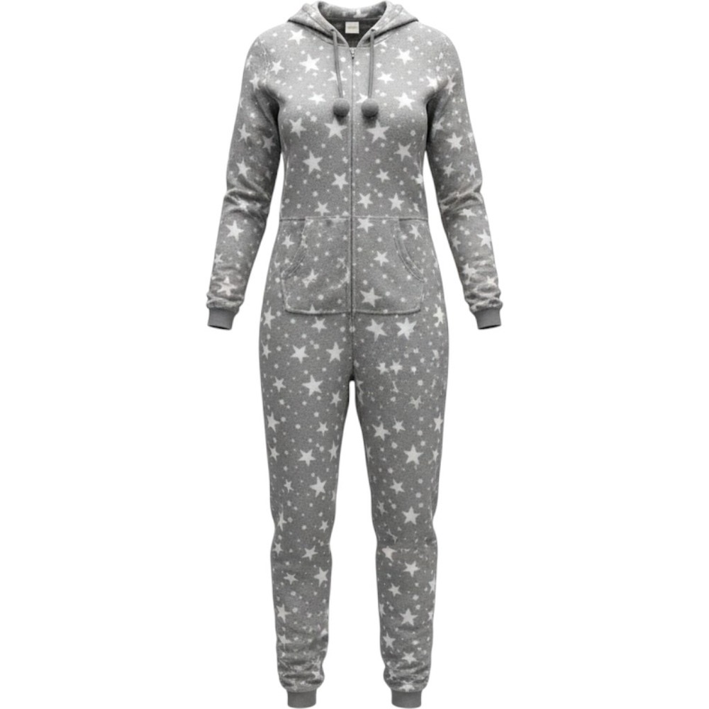 SO One Piece Sleeper Women L Grey Star Faux Fur Hooded Pajamas Celestial Cozy